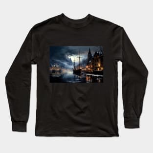 Oil Painting of a Fishing Village Along a River in Winter Long Sleeve T-Shirt